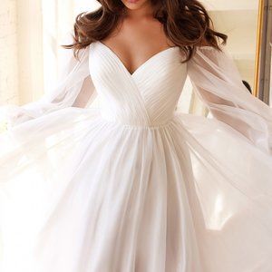 NEW LONG OFF THE SHOULDER SWEETHEART SHEER SLEEVE CHIFFON DRESS WITH ZIP CD243W